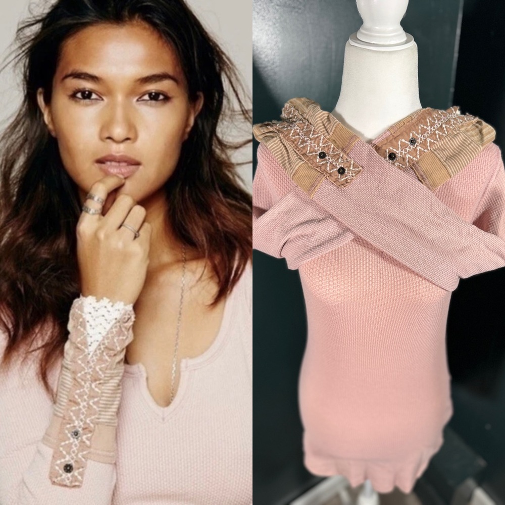 Free People • Kyoto Patchwork Crochet Cuff Long Sleeve Thermal Blush Pink S